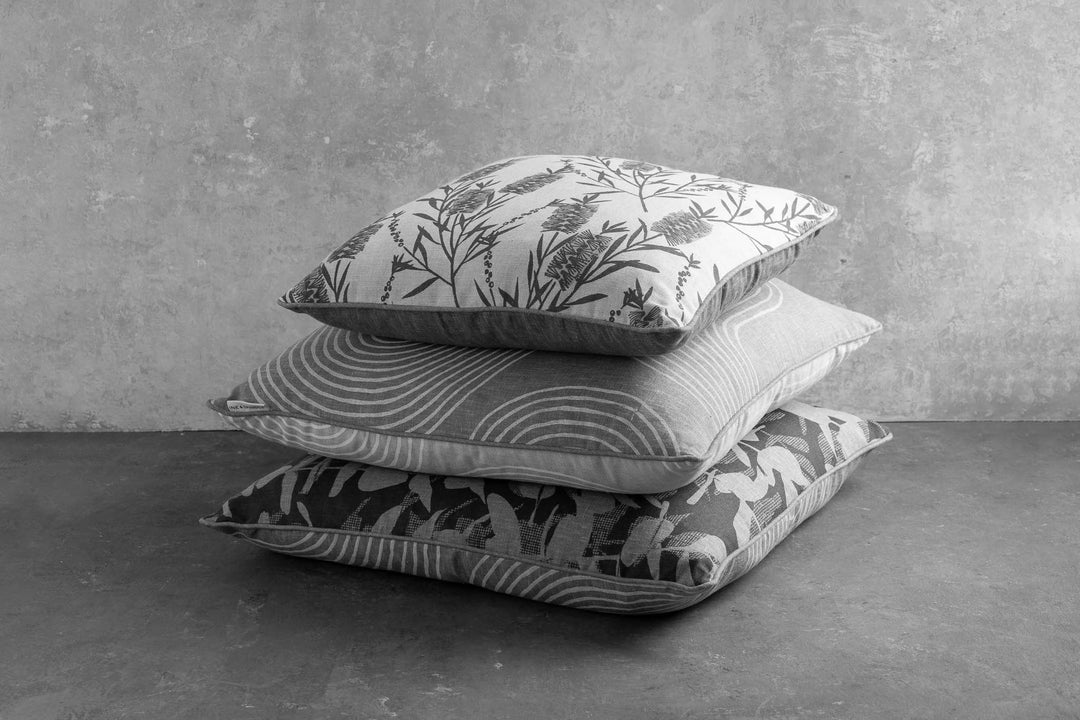 hand screen printed linen square cushion – australian made