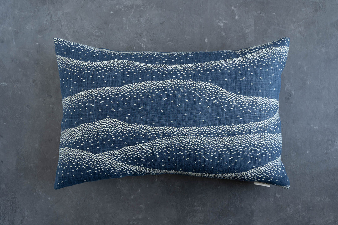 hand screen printed linen rectangle cushion – mountainscape design – australian made