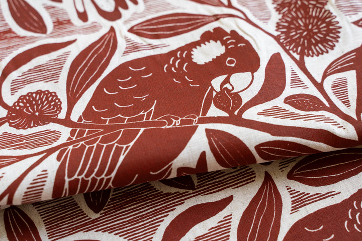 hand screen printed linen yardage – black-cockatoo design – australian made