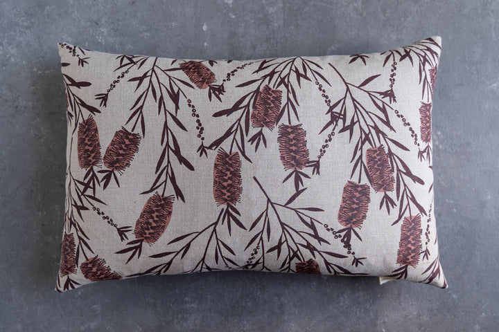 hand screen printed linen rectangle cushion – bottlebrush design – australian made