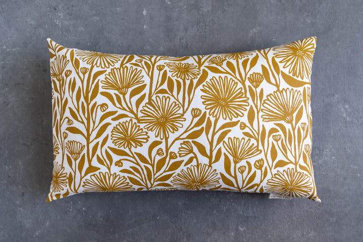 hand screen printed linen rectangle cushion – native-daisy design – australian made