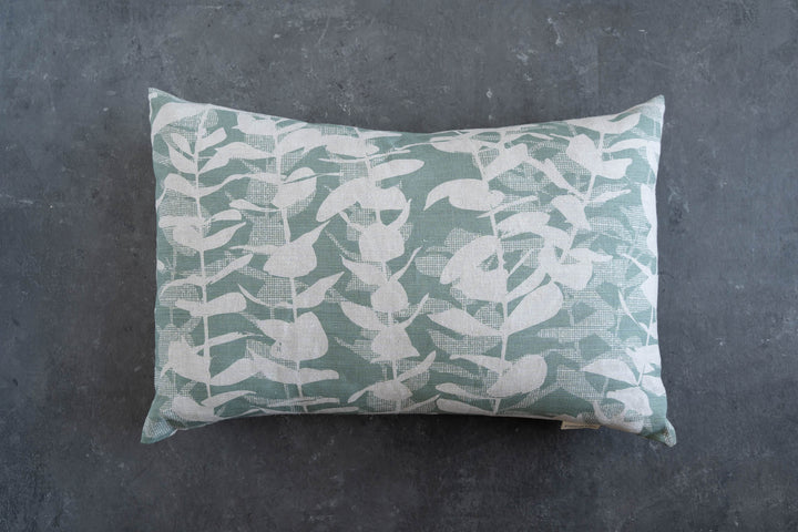hand screen printed linen rectangle cushion – eucalyptus design – australian made