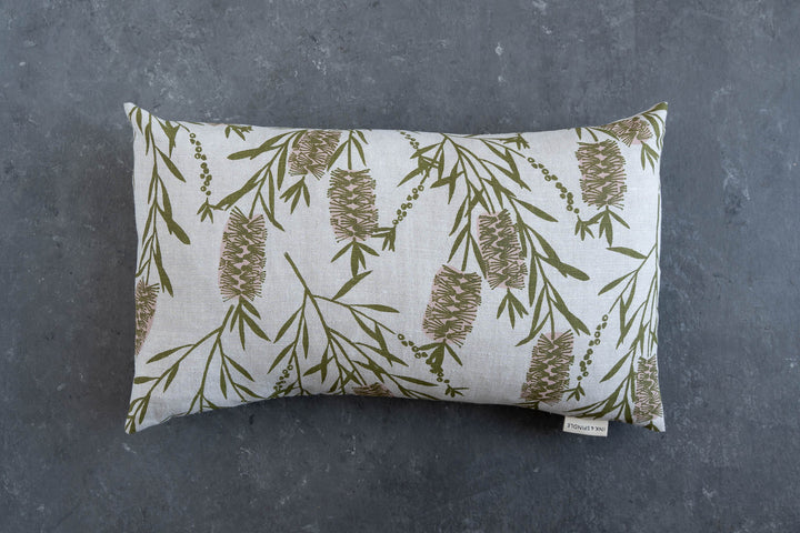 hand screen printed linen rectangle cushion – bottlebrush design – australian made