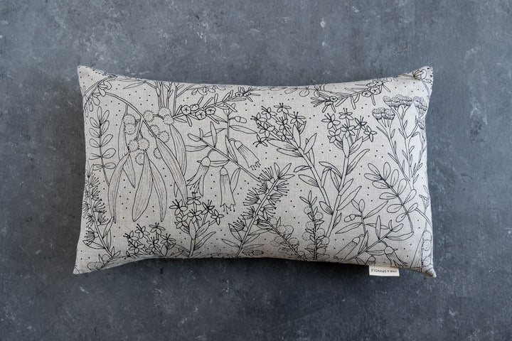 hand screen printed linen rectangle cushion – merri-creek design – australian made