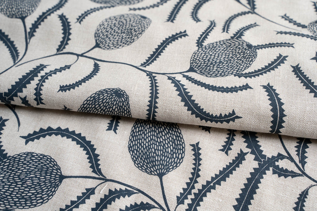 hand screen printed linen yardage – sawtooth-banksia design – australian made