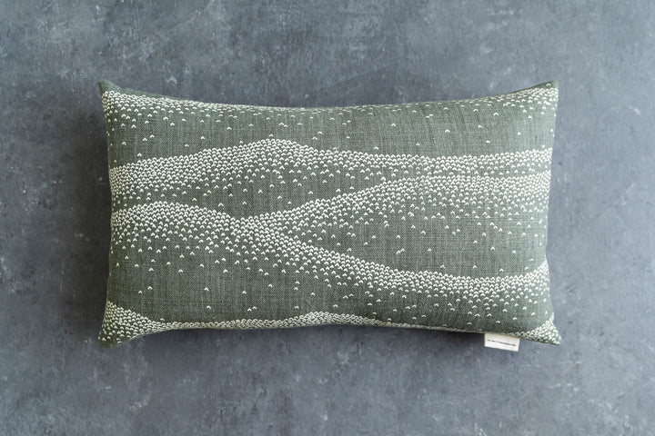 hand screen printed linen rectangle cushion – mountainscape design – australian made