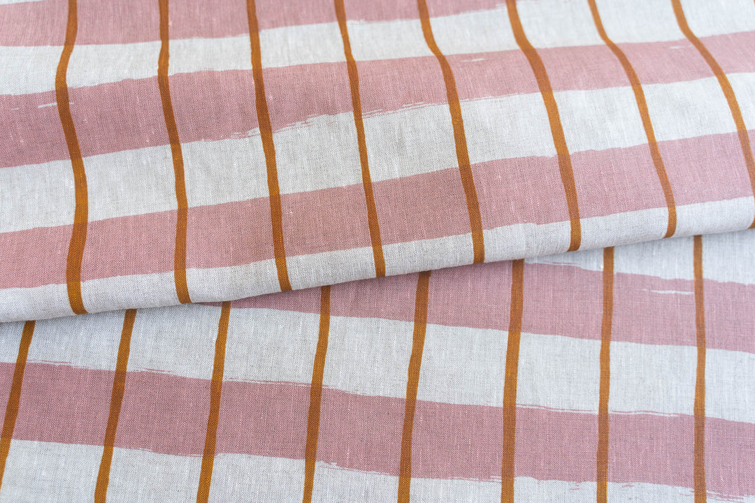 Stripe Check in Rose & Turmeric on Oatmeal Lightweight