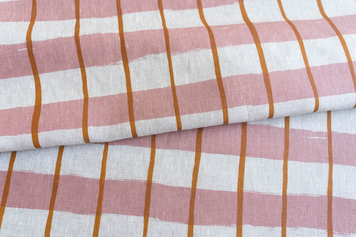 Stripe Check in Rose & Turmeric on Oatmeal Lightweight