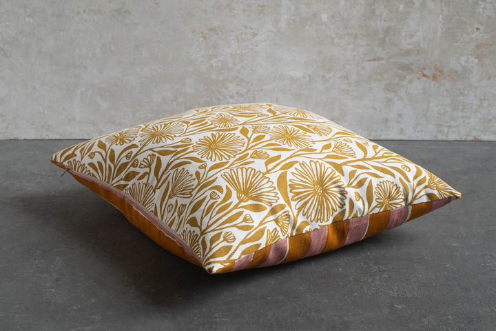 Cushion - Native Daisy in Yellow Ochre with Horizon Stripe