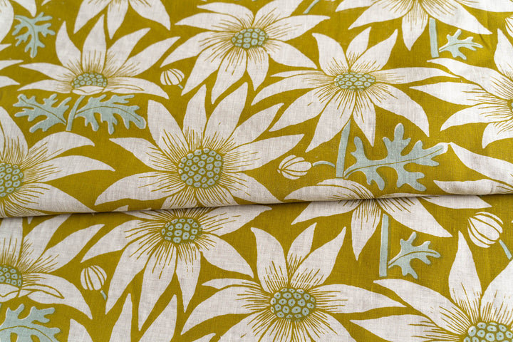 hand screen printed linen yardage – flannel-flower design – australian made