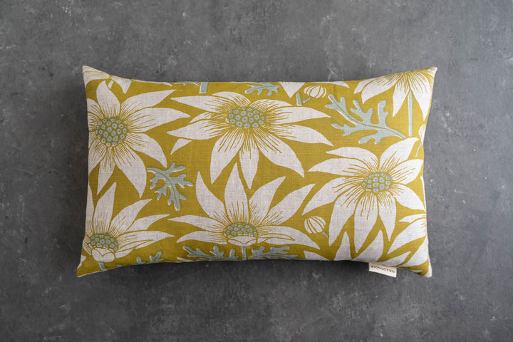hand screen printed linen rectangle cushion – flannel-flower design – australian made