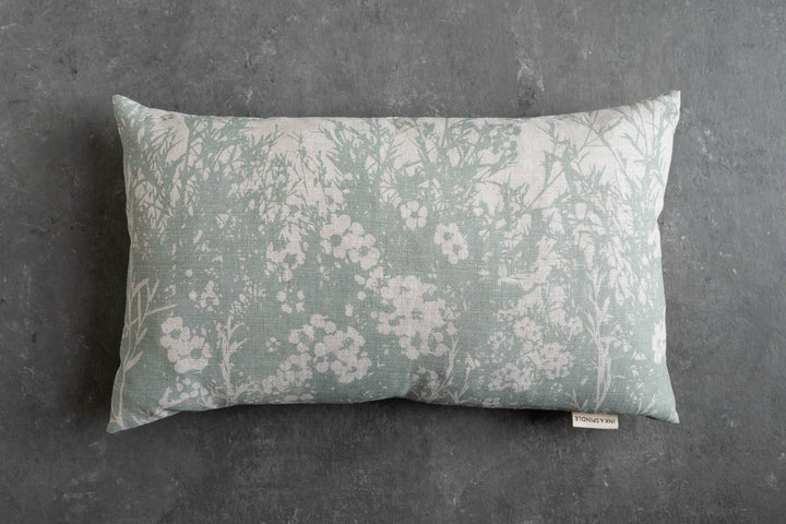 hand screen printed linen rectangle cushion – tea-tree design – australian made