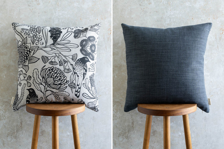 hand screen printed linen square cushion – botanica design – australian made