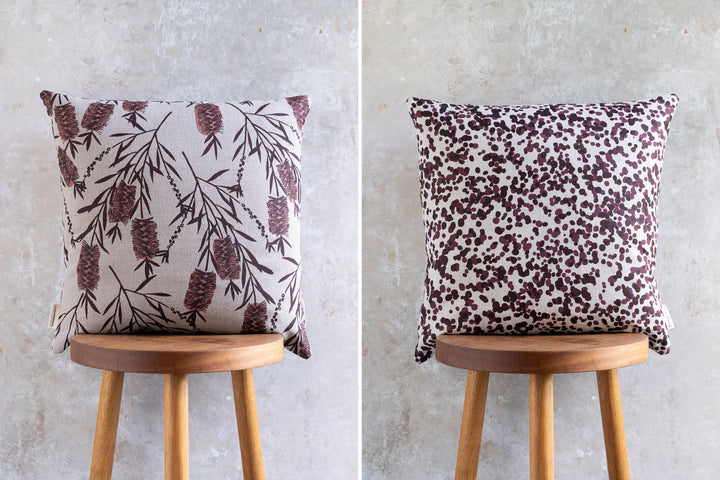 hand screen printed linen square cushion – bottlebrush; spotted-quoll design – australian made