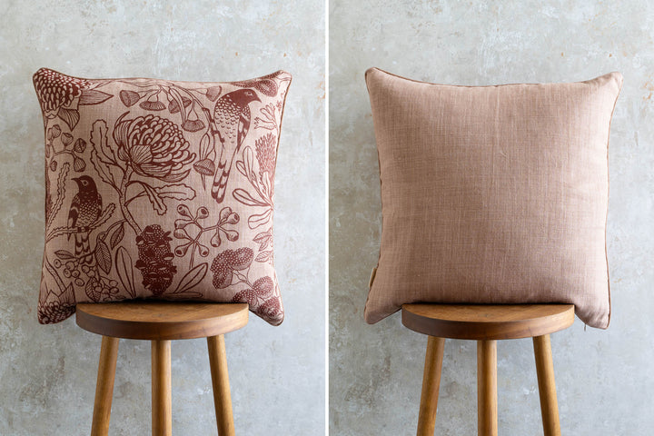 hand screen printed linen square cushion – botanica design – australian made