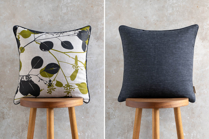 hand screen printed linen square cushion – silver-dollar-gum design – australian made