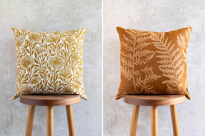 hand screen printed linen square cushion – native-daisy; bracken design – australian made