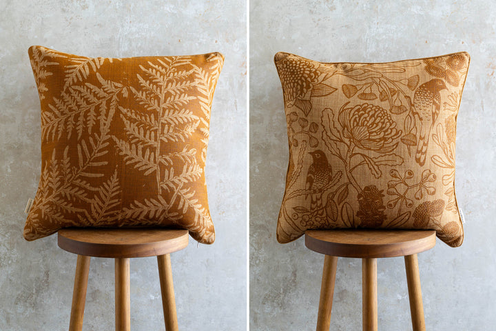 hand screen printed linen square cushion – botanica; bracken design – australian made