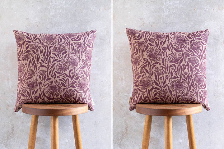 hand screen printed linen square cushion – native-daisy design – australian made