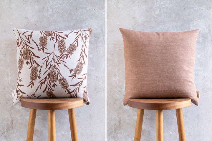 hand screen printed linen square cushion – bottlebrush design – australian made