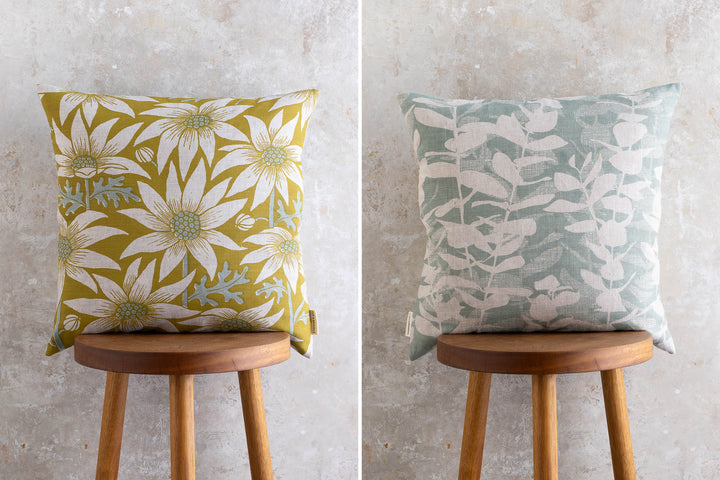 hand screen printed linen square cushion – flannel-flower; eucalyptus design – australian made