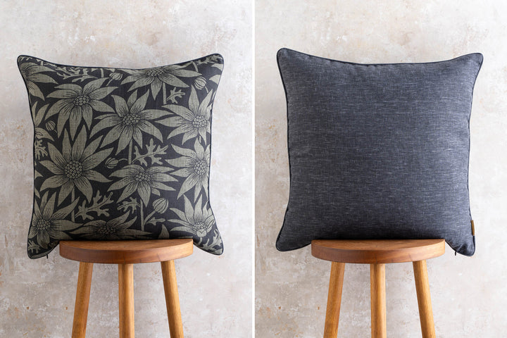 hand screen printed linen square cushion – flannel-flower design – australian made