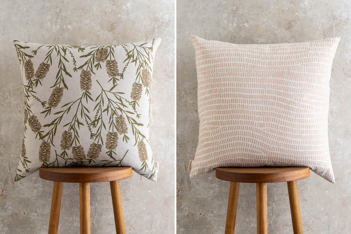 hand screen printed linen square cushion – bottlebrush; grass design – australian made
