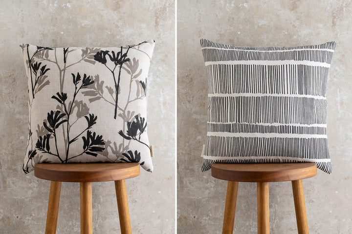 hand screen printed linen square cushion – kangaroo-paw; sticks design – australian made