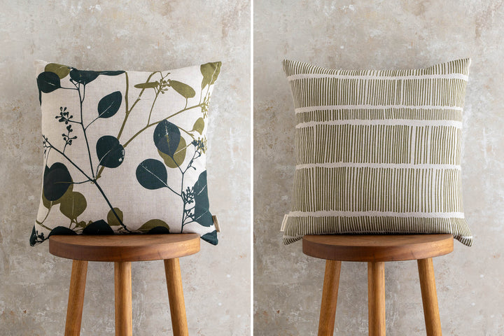 hand screen printed linen square cushion – silver-dollar-gum; sticks design – australian made