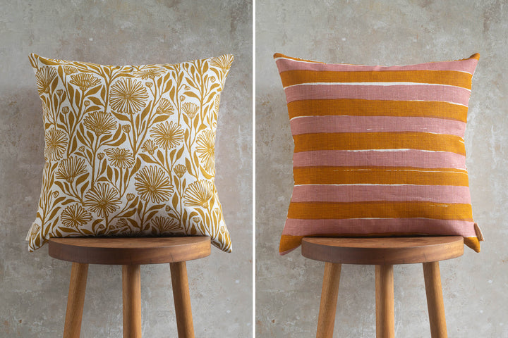 Cushion - Native Daisy in Yellow Ochre with Horizon Stripe