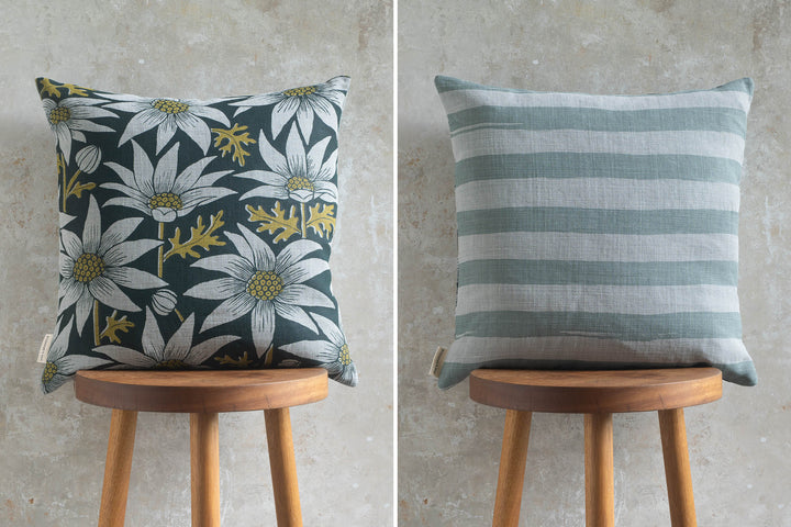 Cushion - Flannel Flower in Rainforest with Horizon Stripe