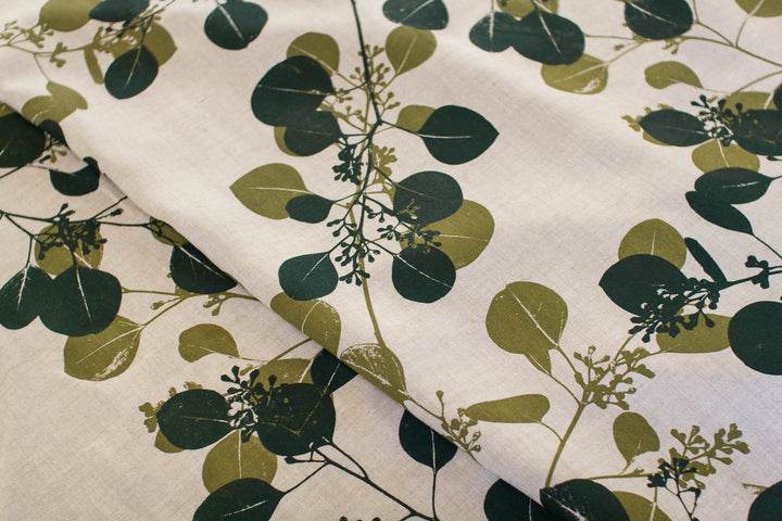 hand screen printed linen yardage – silver-dollar-gum design – australian made